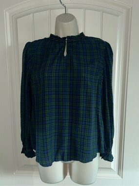 NWT Ann Taylor Women's Green & Navy Plaid Long-Sleeve Ruffled Neck Top Sz SP